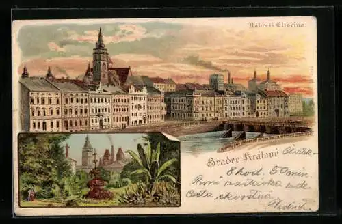 Lithographie Königgrätz / Hradec Kralove, Blick zum Ort, Partie im Park