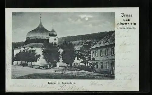 Mondschein-AK Eisenstein /Böhmerwald, Blick zur Kirche