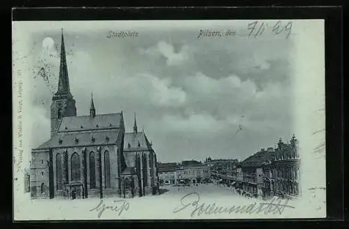 Mondschein-AK Pilsen, Stadtplatz mit Kirche