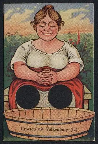 Mechanische-AK Valkenburg, Frau nimmt ein Fussbad, Löcher für die Finger als Ersatzbeine