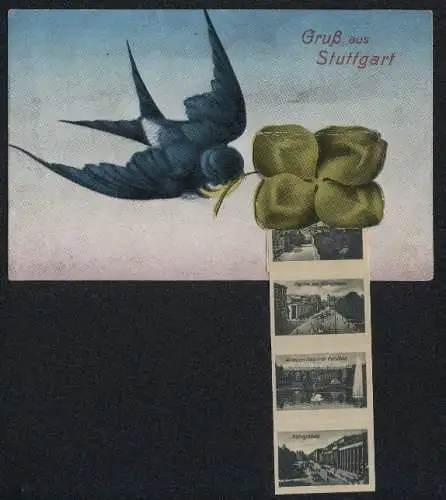 Leporello-AK Stuttgart, Meise mit Ansichten hinterm Kleeblatt, Königsstrasse, Landestheater, Hauptbahnhof