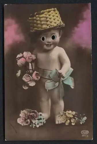 Geräusch-AK Puppe mit Glasaugen und Strohhut, Quietschgeräusch beim Drücken