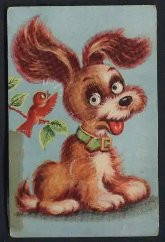 Geräusch-AK Vögelchen zwitschert einem Hund ins Ohr, Quietschgeräusch beim Drücken