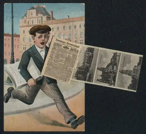 Leporello-AK Hamburg, Zeitungsjunge verkauft das Hamburger Fremdenblatt, Hauptbahnhof, Rathaus, Hafen