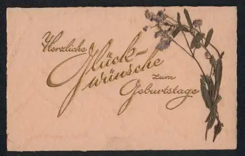 Trockenblumen-AK Geburtstagsglückwunsch mit getrocknetem Vergissmeinnicht