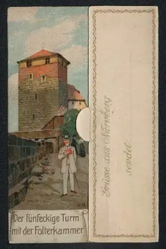 Klapp-Lithographie Eiserne Jungfrau, fünfeckiger Turm mit Folterkammer