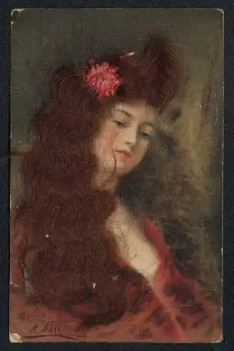 Echt-Haar-AK Hübsche junge Dame mit Blume im gewellten brünetten Haar
