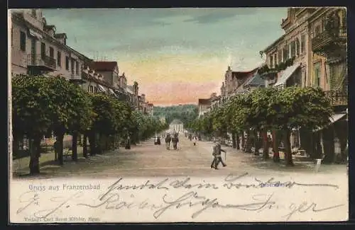 AK Franzensbad, Kaiserstrasse mit Blick auf Franzensquelle