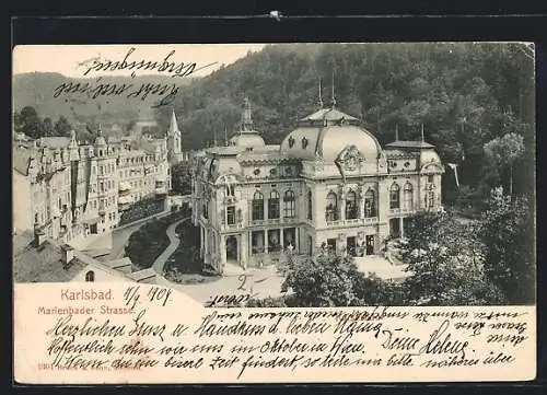 AK Karlsbad, Marienbader Strasse mit Kaiserbad aus der Vogelschau