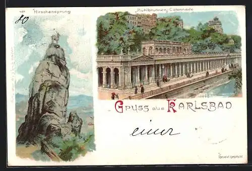 Lithographie Karlsbad, Mühlbrunnen-Colonnade, Tier auf Berg