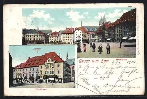 AK Eger, Stadthaus mit Kirche, Marktplatz-Partie