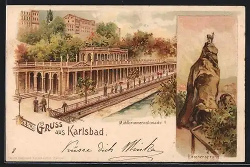Lithographie Karlsbad, Blick auf die Mühlbrunnencolonade, Hirschensprung