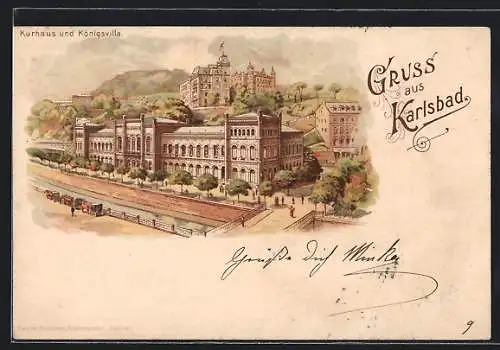 Lithographie Karlsbad, Kurhaus und Königsvilla, Pferdekutschen
