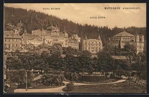 AK Marienbad, Kirchenplatz mit den Hotels Weimar und Stern