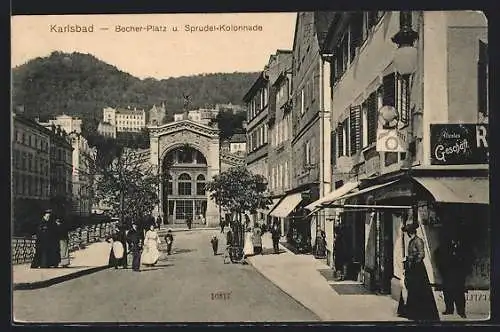 AK Karlsbad, Becher-Platz und Sprudel-Kolonnade