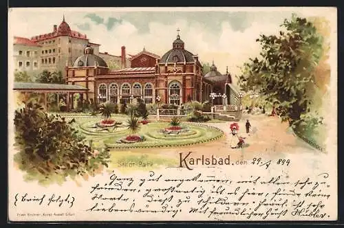 Lithographie Karlsbad, Spaziergänger im Stadt-Park