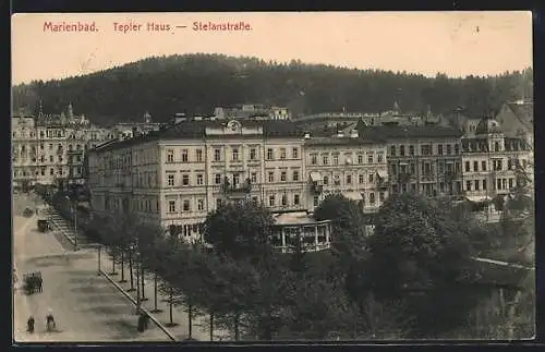 AK Marienbad, Ortsansicht mit Tepler Haus und Stefanstrasse