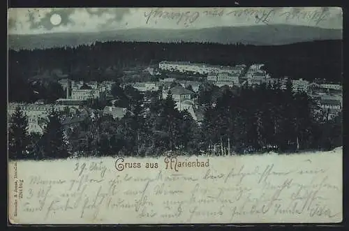 Mondschein-AK Marienbad, Totalansicht aus der Vogelschau