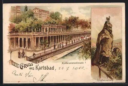 Lithographie Karlsbad, Blick auf die Mühlbrunnencolonade, Hirschensprung