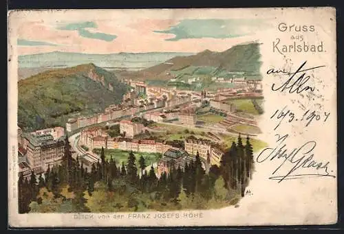 Lithographie Karlsbad, Blick von Franz Josefs Höhe