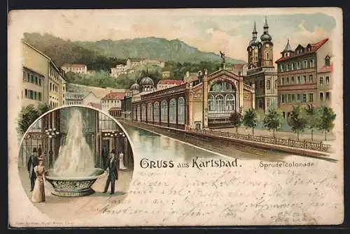 Lithographie Karlsbad, Sprudelcolonade und Sprudel