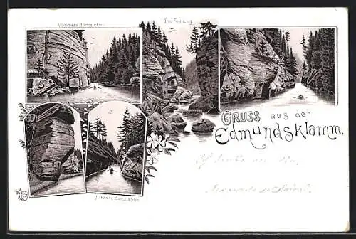 Lithographie Edmundsklamm, Vordere Bootstation, die Festung, Hintere Bootstation