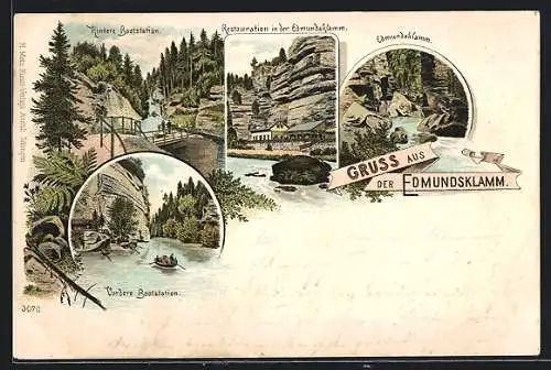 Lithographie Herrnskretschen / Hrensko, Restauration in der Edmundsklamm, Vordere und Hintere Bootstation