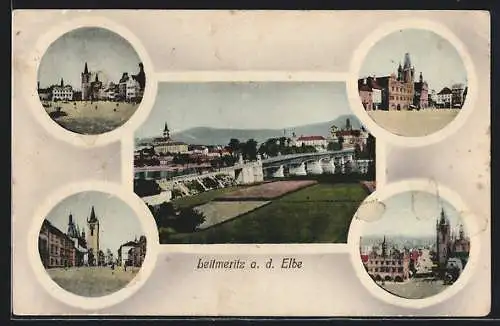AK Leitmeritz a. d. Elbe, Panorama mit Brücke, Rathaus, Strassenpartie