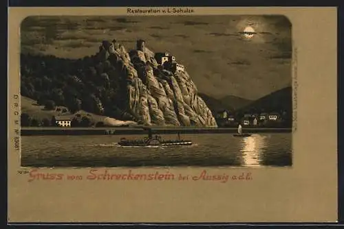 Mondschein-Lithographie Aussig a. d. E., Dampfer passiert den Schreckenstein