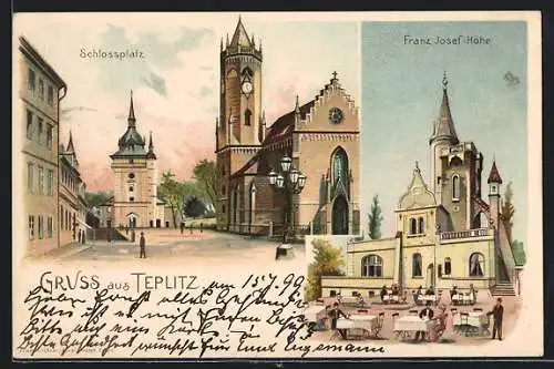 Lithographie Teplitz Schönau / Teplice, Schlossplatz mit Kirche und Franz Josef-Höhe