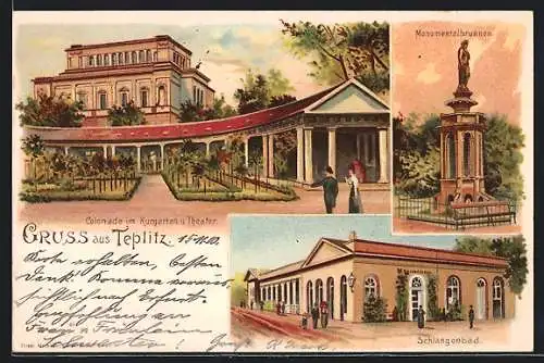 Lithographie Teplitz Schönau / Teplice, Colonade im Kurgarten u. Theater, Monumentalbrunnen, Schlangenbad