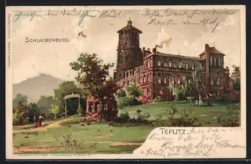 Lithographie Teplitz, Schlackenburg mit Eingang und Umgebung, Ruine