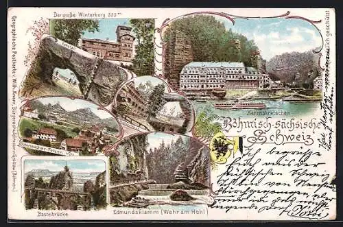 Lithographie Herrnskretschen / Hrensko, Edmundsklamm, Der grosse Winterberg