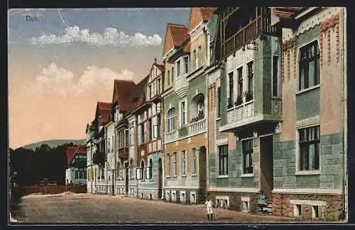 AK Dux, Strassenpartie mit schönen Häusern