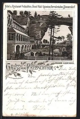 Lithographie Herrnskretschen-Stimmersdorf, Hotel-Restaurant Prebischthor und Grand Hotel Rainwiese