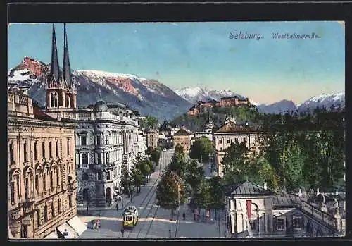 AK Salzburg, Strassenbahn auf der Westbahnstrasse von oben gesehen