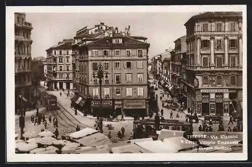 AK Trieste, Via Mazzini e Corso Vittorio Emanuele da Piazza Goldoni, Strassenbahn