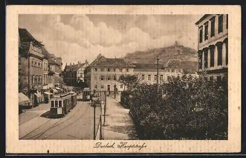 AK Durlach, Hauptstrasse mit Strassenbahnen