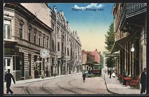 AK Szeged, Kölcsey utca, Strassenbahn
