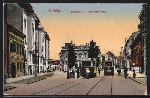 AK Ujvidék, Strassenbahnen auf dem Elisabeth Platz