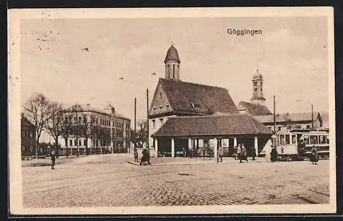 AK Göggingen, Strassenbahn auf einer Kreuzung der Innenstadt