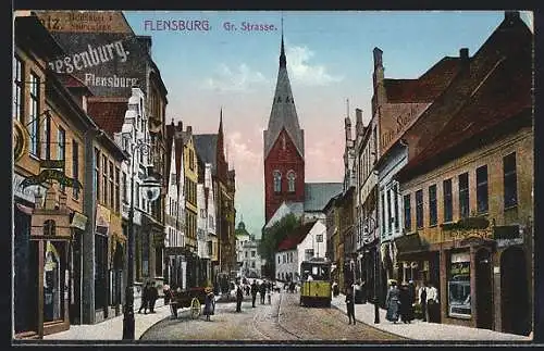 AK Flensburg, Strassenbahn und Geschäfte auf der Grossen Strasse