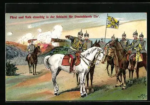 Künstler-AK Arthur Thiele: Fürst und Volk einmütig in der Schlacht für Deutschlands Ehr`, Kaiser Wilhelm II.