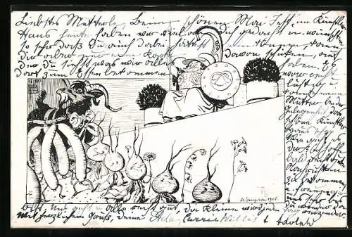 Künstler-AK vermenschlichte Rüben stehen vor einer dicken Kriegerin, Karikatur