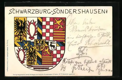 AK Schwarzburg-Sonderhausen, Stadtwappen mit Adler, Hirsch und Löwen