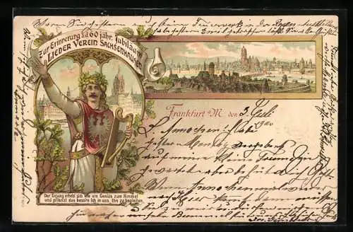 Lithographie Frankfurt a. M., 60 jähr. Jubiläum Lieder Verein Sachsenhausen, Sänger mit Lyra