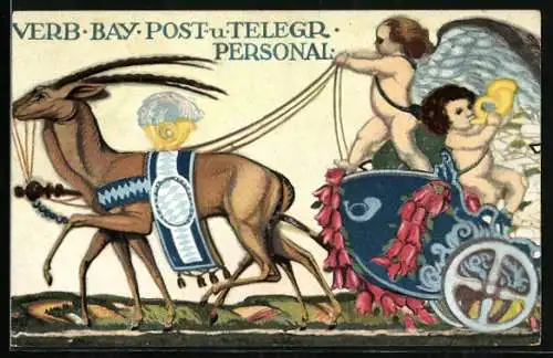 AK Verband bayrischer Post- und Telegraphen-Personal., Post-Streitwagen mit Antilopen im Gespann