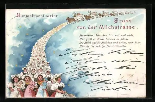 AK Himmelspostkarten von der Milchstrasse, Bolle-Wagen und Mütter mit Kindern, Ansichtskartengeschichte