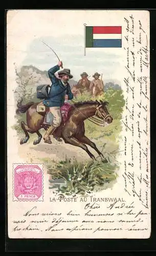 Lithographie La Poste au Transwaal, Briefträger zu Pferd