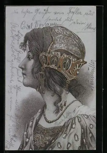 Lithographie Frauenkopf mit Jugendstil-Kopfschmuck auf silbernem Grund